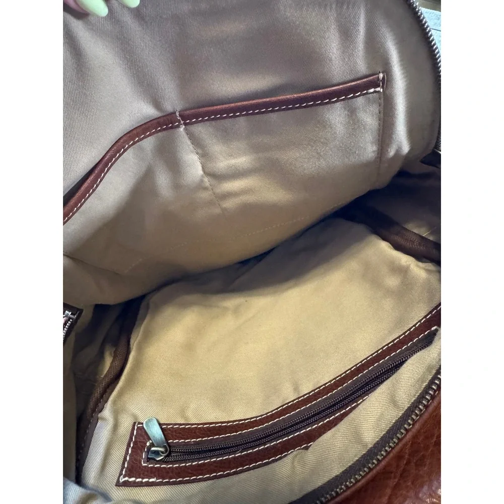 Roots Leather Backpack Cognac Brown Brass Hardware White Stitch Medium